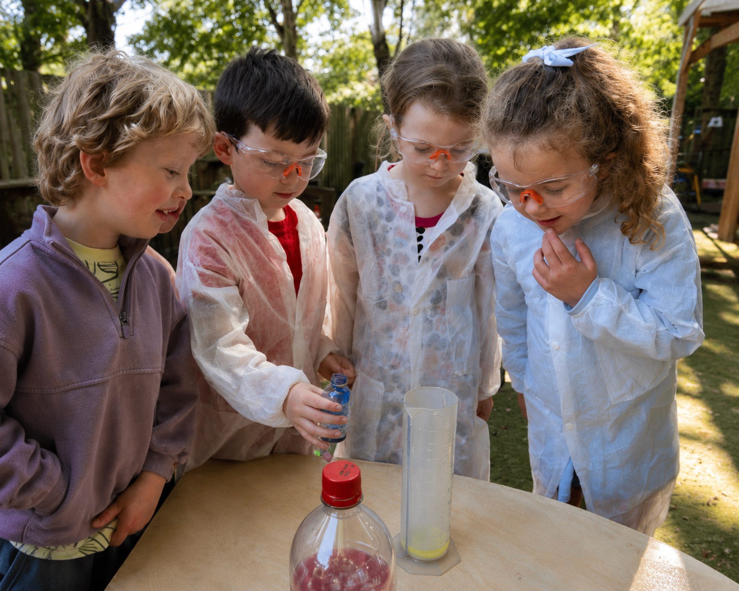 Children in lab coats and goggles doing a science experiment at nursery
